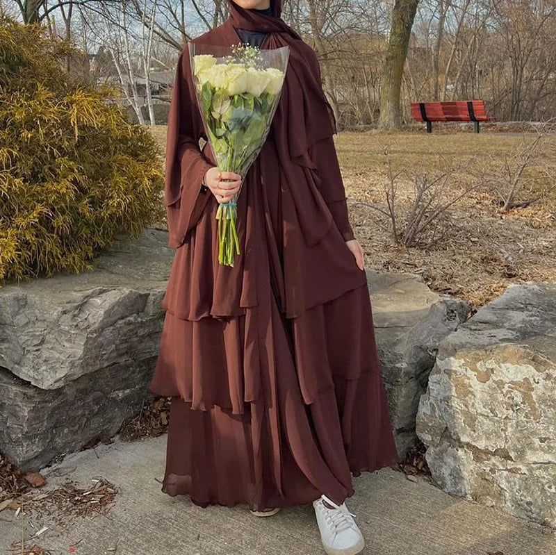 Fashion Women's Wear Dubai Arabic Cardigan Robe Kaftan Chiffon Flowy Dress Abaya Solid Color Ruffles New