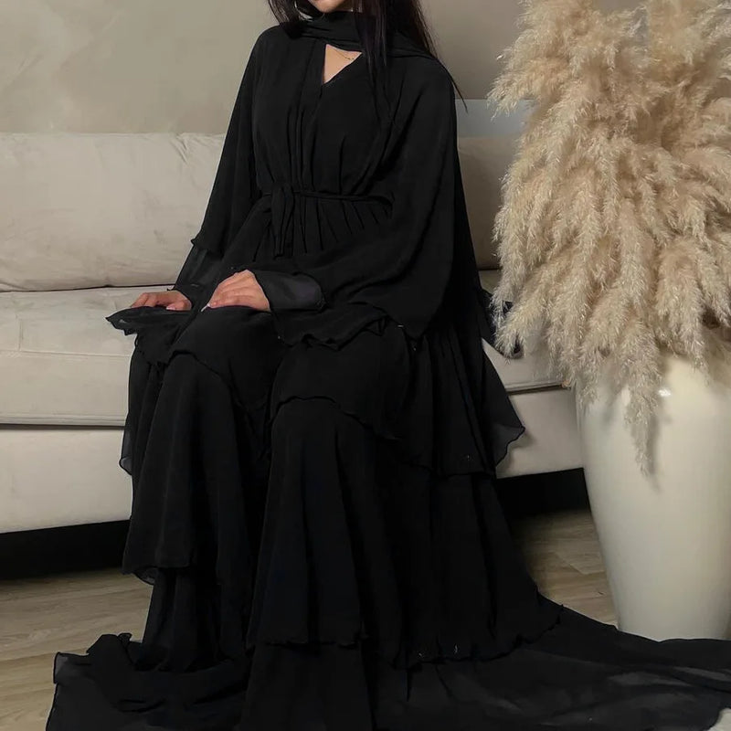 Fashion Women's Wear Dubai Arabic Cardigan Robe Kaftan Chiffon Flowy Dress Abaya Solid Color Ruffles New