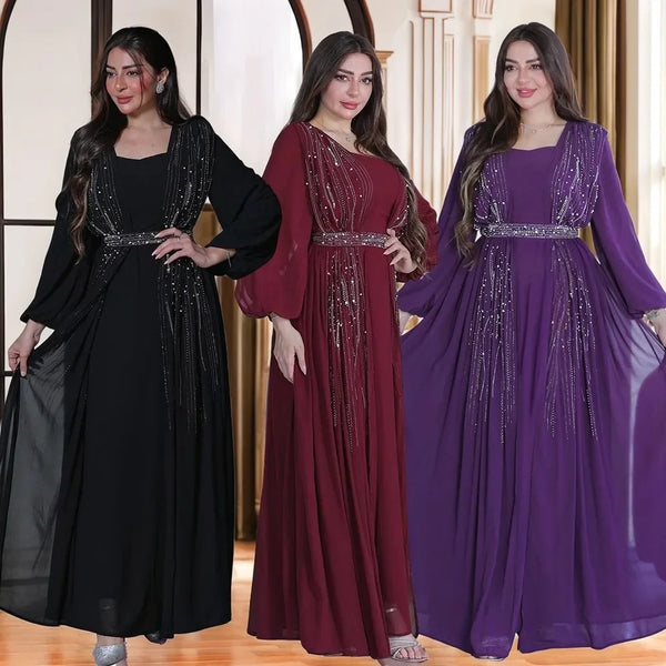In 2025, Muslim Women's Abayas in Dubai. Arabian Abayas, Fashionable Evening Dresses with Rhinestones and A Belt, Long Gowns.