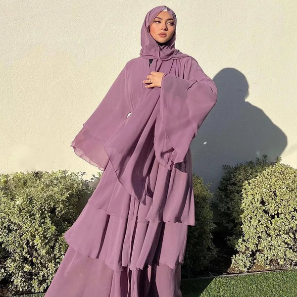 Fashion Women's Wear Dubai Arabic Cardigan Robe Kaftan Chiffon Flowy Dress Abaya Solid Color Ruffles New