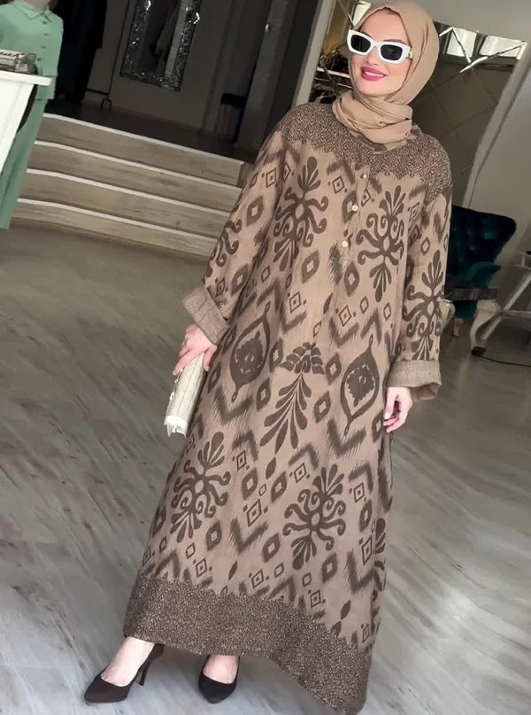 Ramadan Eid Muslim Women Print Dress Jalabiya Arabic