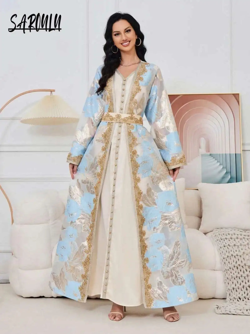 Arabic Lace V Neck Heavy Beaded Women Evening Dress Muslim A-line Delicate Birthday Prom Elegant 2-pieces Customized Dubai Robe