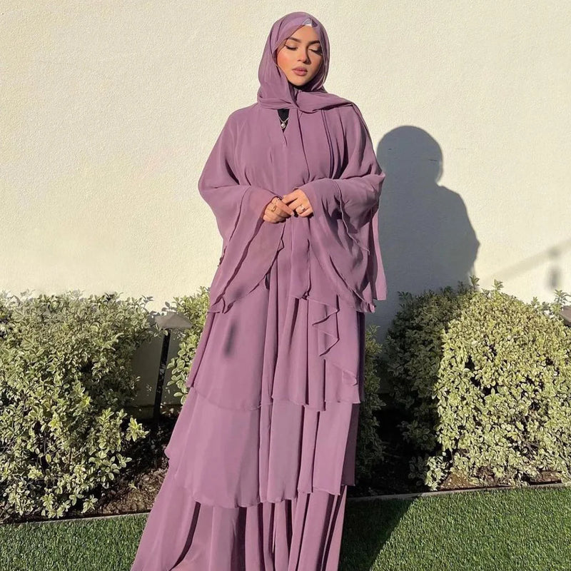 Fashion Women's Wear Dubai Arabic Cardigan Robe Kaftan Chiffon Flowy Dress Abaya Solid Color Ruffles New