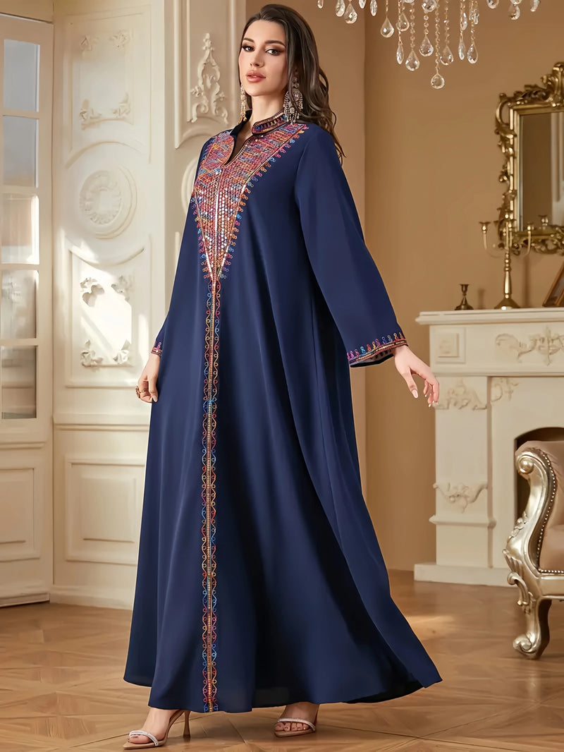 Trendy Muslim Abaya in Deep Blue Adorned with Intricate Multicolored Embroidery for Arabian Social Galas Modest Islam Fashion