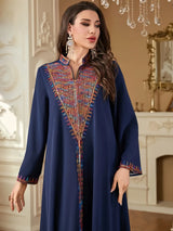 Trendy Muslim Abaya in Deep Blue Adorned with Intricate Multicolored Embroidery for Arabian Social Galas Modest Islam Fashion