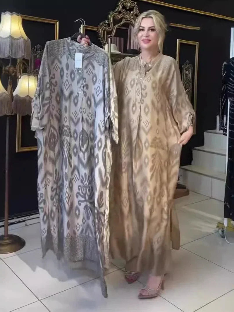 Ramadan Eid Muslim Women Print Dress Jalabiya Arabic