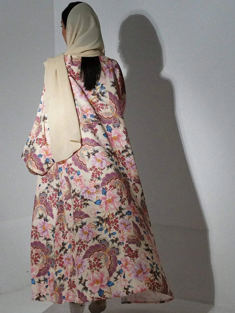 Middle Eastern Loose Abaya Muslim Full Sleeve Printed Floral