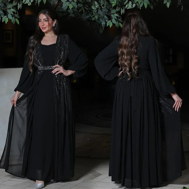 In 2025, Muslim Women's Abayas in Dubai. Arabian Abayas, Fashionable Evening Dresses with Rhinestones and A Belt, Long Gowns.