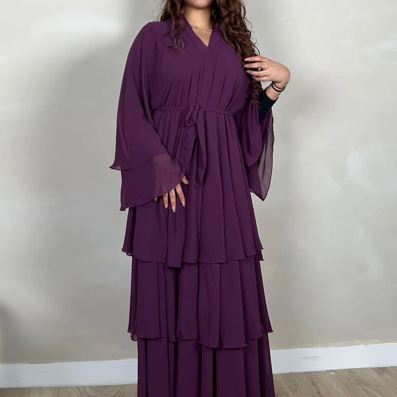 Fashion Women's Wear Dubai Arabic Cardigan Robe Kaftan Chiffon Flowy Dress Abaya Solid Color Ruffles New