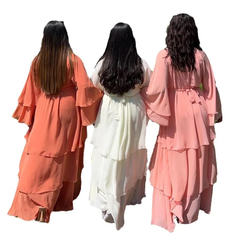 Fashion Women's Wear Dubai Arabic Cardigan Robe Kaftan Chiffon Flowy Dress Abaya Solid Color Ruffles New