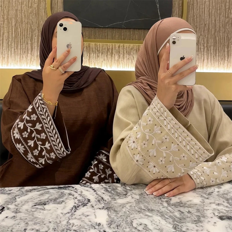 Linen Flower Embroidered Abaya 2024 Luxury