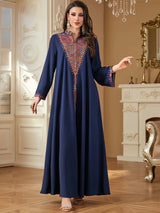 Trendy Muslim Abaya in Deep Blue Adorned with Intricate Multicolored Embroidery for Arabian Social Galas Modest Islam Fashion