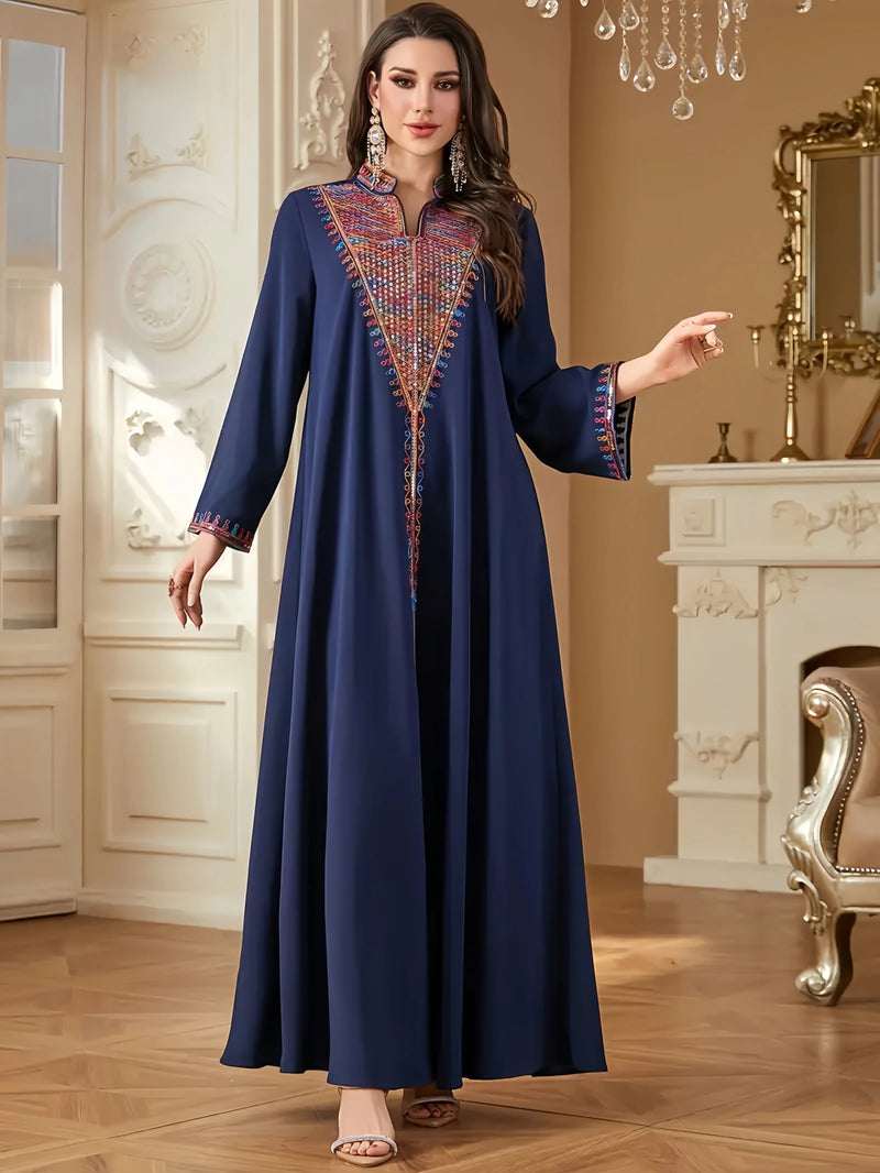 Trendy Muslim Abaya in Deep Blue Adorned with Intricate Multicolored Embroidery for Arabian Social Galas Modest Islam Fashion