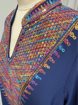 Trendy Muslim Abaya in Deep Blue Adorned with Intricate Multicolored Embroidery for Arabian Social Galas Modest Islam Fashion