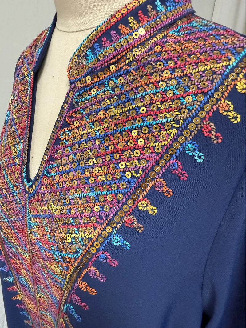 Trendy Muslim Abaya in Deep Blue Adorned with Intricate Multicolored Embroidery for Arabian Social Galas Modest Islam Fashion