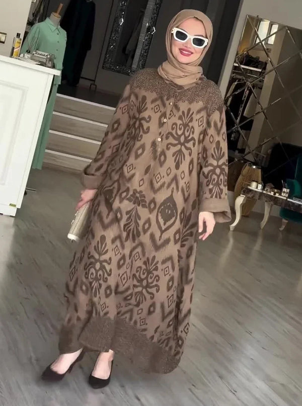 Ramadan Eid Muslim Women Print Dress Jalabiya Arabic