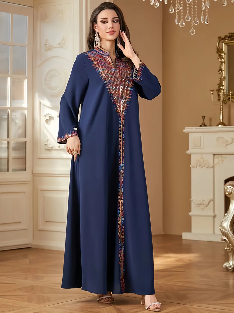 Trendy Muslim Abaya in Deep Blue Adorned with Intricate Multicolored Embroidery for Arabian Social Galas Modest Islam Fashion