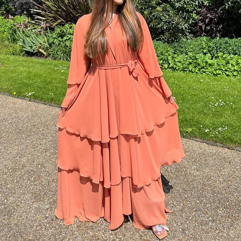 Fashion Women's Wear Dubai Arabic Cardigan Robe Kaftan Chiffon Flowy Dress Abaya Solid Color Ruffles New